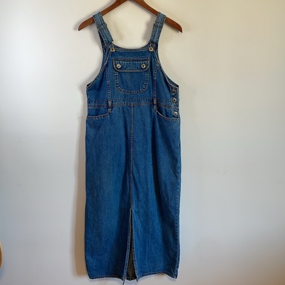 VTG Route66 Overall Dress Medium Blue 90s Jean Denim Maxi Bib Pockets Jumper - Picture 2 of 12